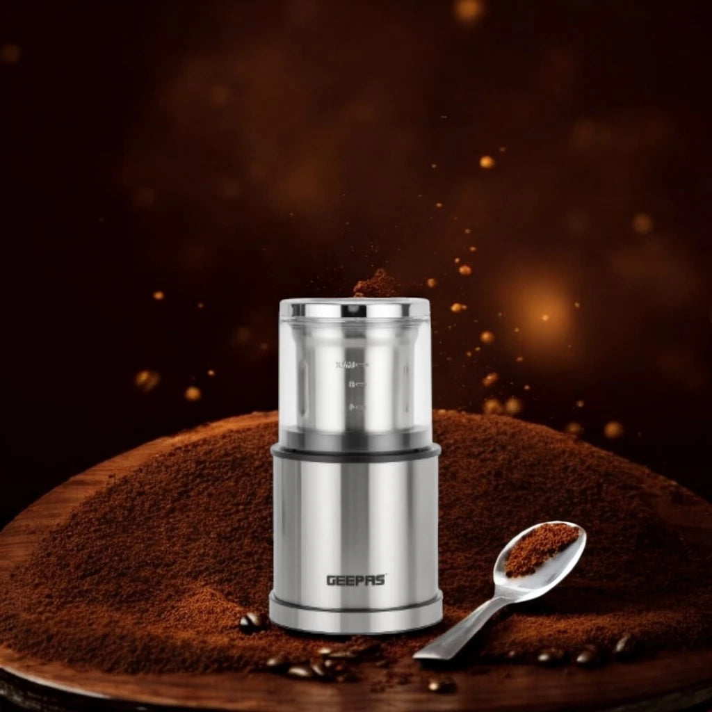 Geepas Stainless Steel Coffee Grinder – 200W, 2-in-1 Wet & Dry Jar, Overheat Protection, Stainless Steel Bowl & Blade, Transparent Lid - GCG41021 - Damoo