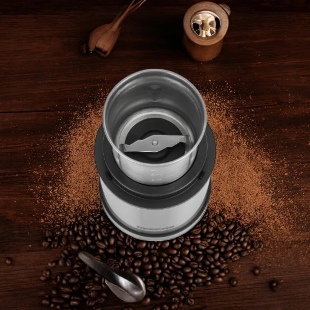 Geepas Stainless Steel Coffee Grinder – 200W, 2-in-1 Wet & Dry Jar, Overheat Protection, Stainless Steel Bowl & Blade, Transparent Lid - GCG41021 - Damoo