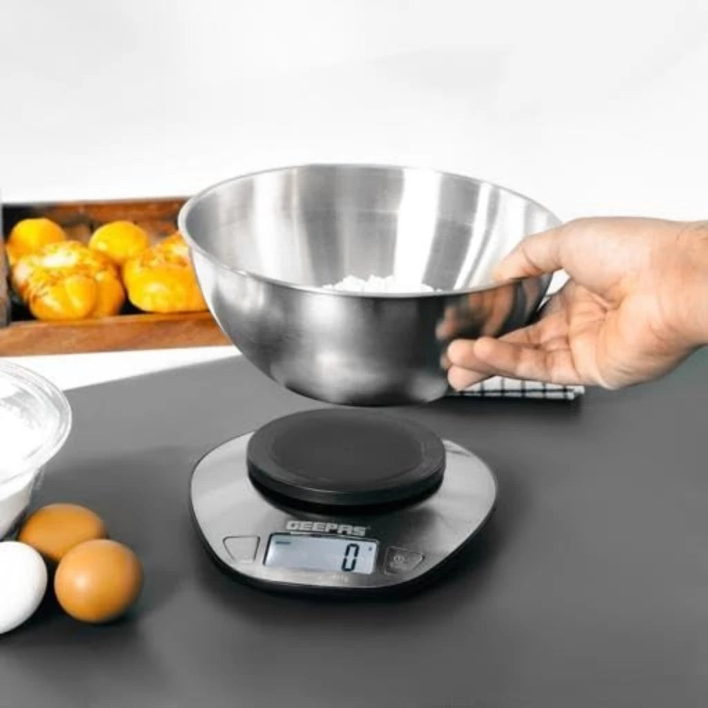 Geepas Stainless Steel Digital Kitchen Scale – 5kg Capacity, Overload Indicator, Low Battery Alert, Precision Weight Measurement for Cooking & Baking – Silver - GKS4203N - Damoo