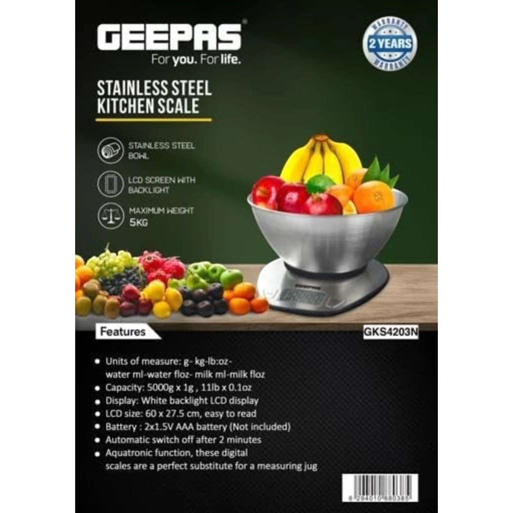 Geepas Stainless Steel Digital Kitchen Scale – 5kg Capacity, Overload Indicator, Low Battery Alert, Precision Weight Measurement for Cooking & Baking – Silver - GKS4203N - Damoo