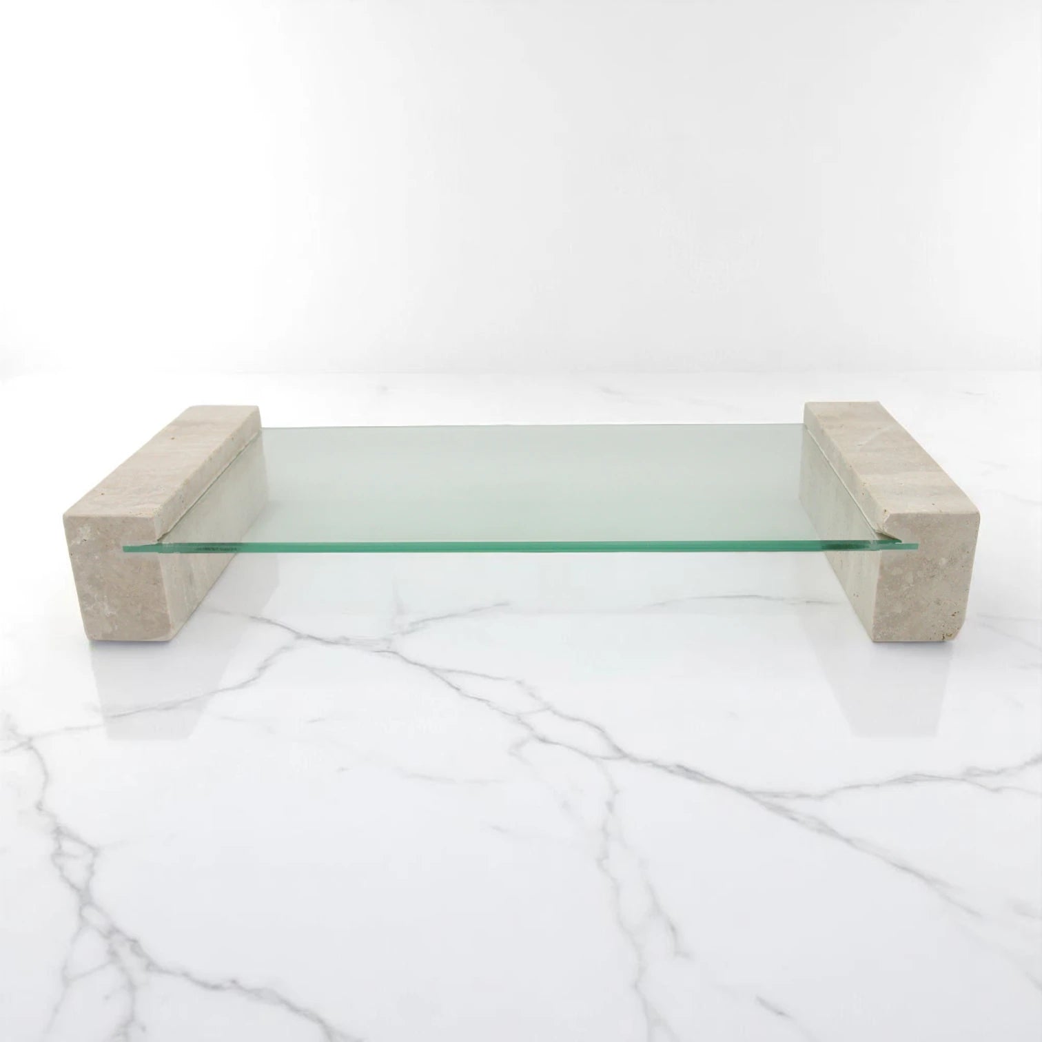 Glass Decorative Serving Stand with Marble Edges & Legs – Clear Countertop Tray for Kitchen, Bathroom, Vanity, or Living Room - Sleek & Multi-Purpose Accent Board - Damoo