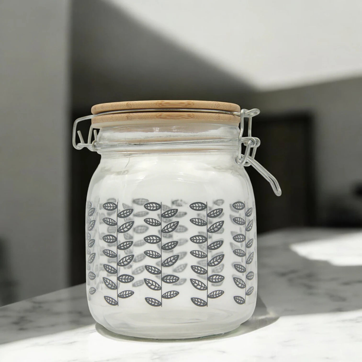 Glass Storage Jar with Bamboo Lid & Grey Leaf Print – Airtight Kitchen Container for Spices, Coffee, or Pantry Essentials - Damoo