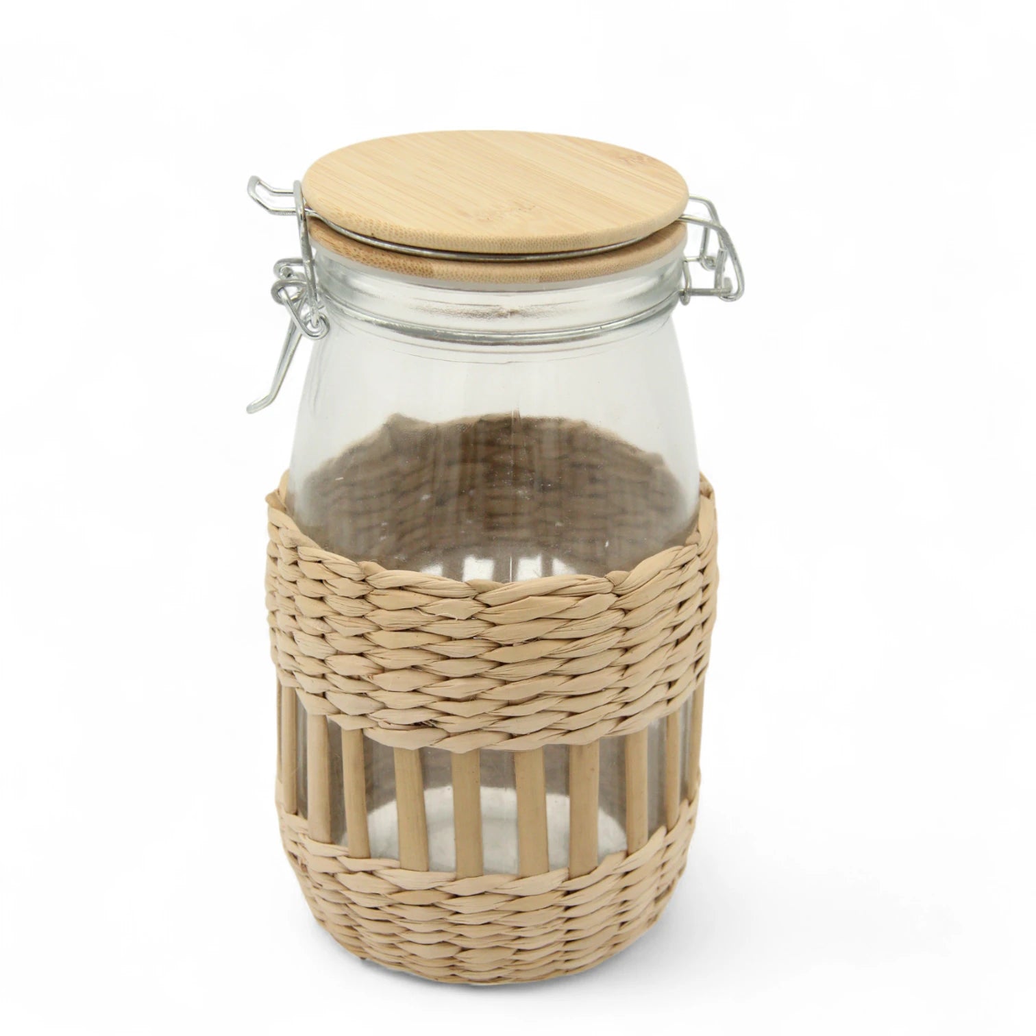Glass Storage Jar with Bamboo Lid & Woven Rattan Sleeve – Rustic Airtight Kitchen Container for Spices, Nuts, or Decor - Damoo