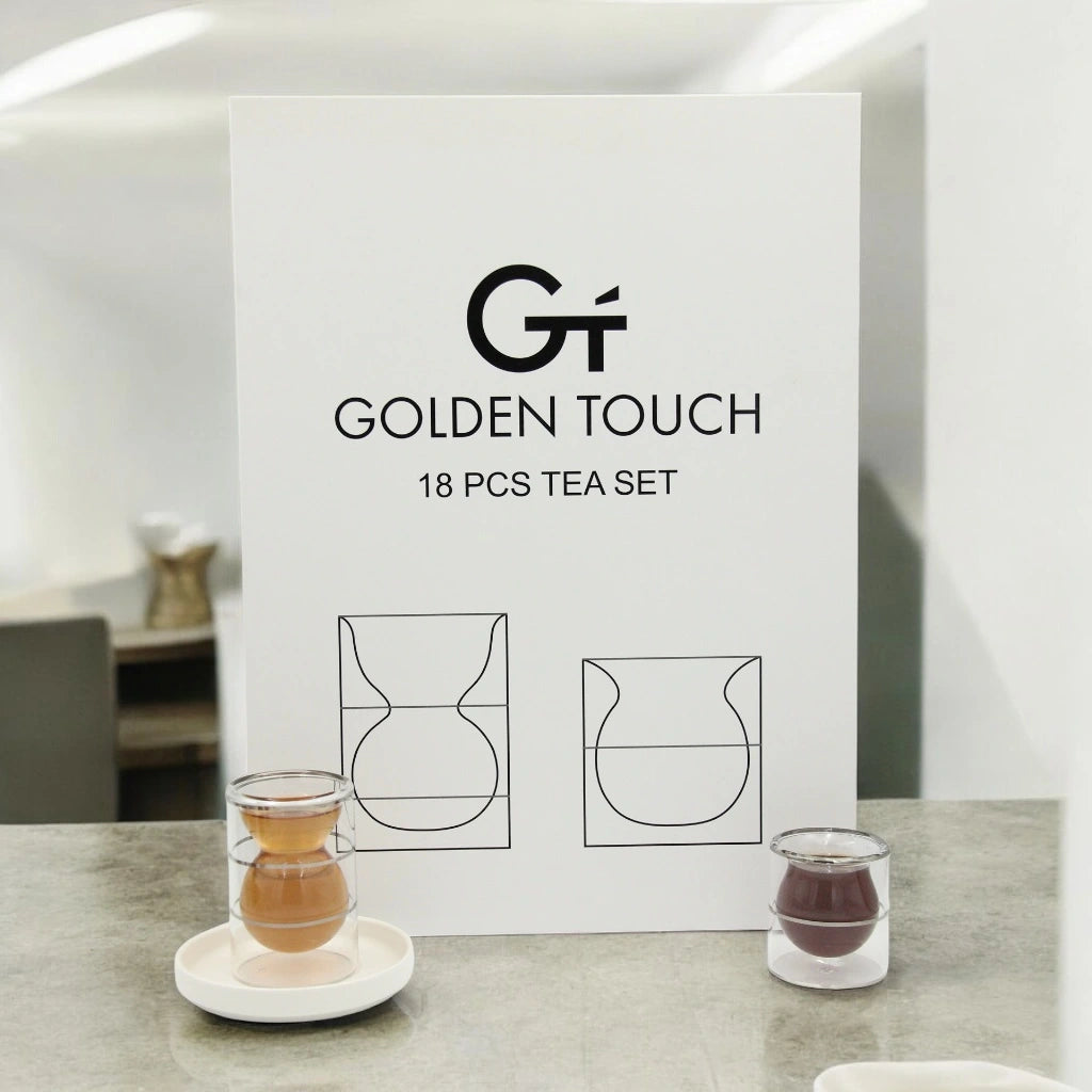 Golden Touch – 18 Pcs Double-Walled Tea Set with Elegant Hourglass Shape | Minimalist & Heat-Resistant Glass Design (Twin Bands) - Damoo