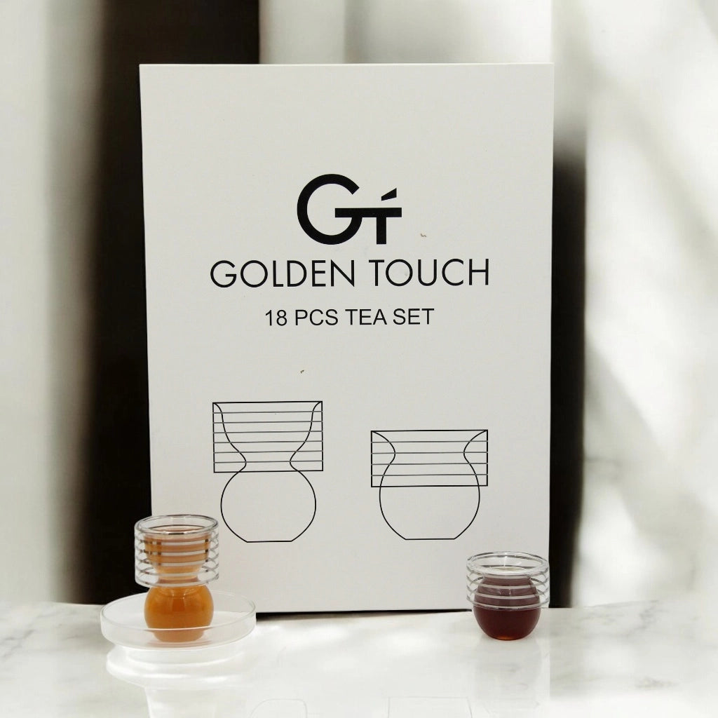 Golden Touch – 18 Pcs Double-Walled Tea Set with Elegant Hourglass Shape| Silver/Gold Lines Detailing - Damoo