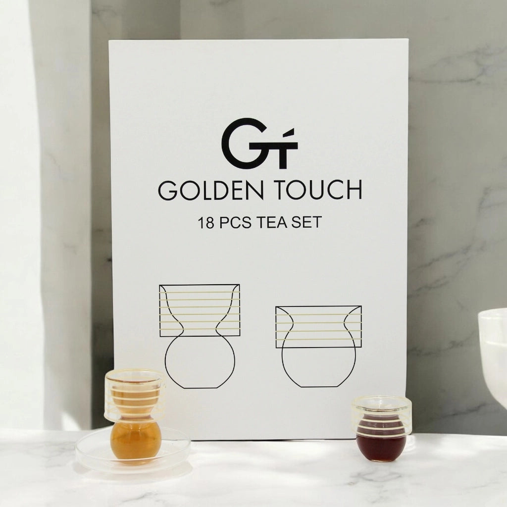 Golden Touch – 18 Pcs Double-Walled Tea Set with Elegant Hourglass Shape| Silver/Gold Lines Detailing - Damoo