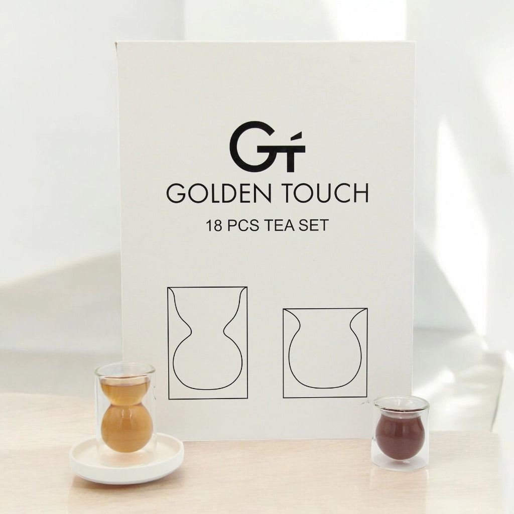 Golden Touch – 18 Pcs Heat-Resistant Double-Walled Borosilicate Glass Tea Set with Elegant Hourglass Shape | Plain - Damoo