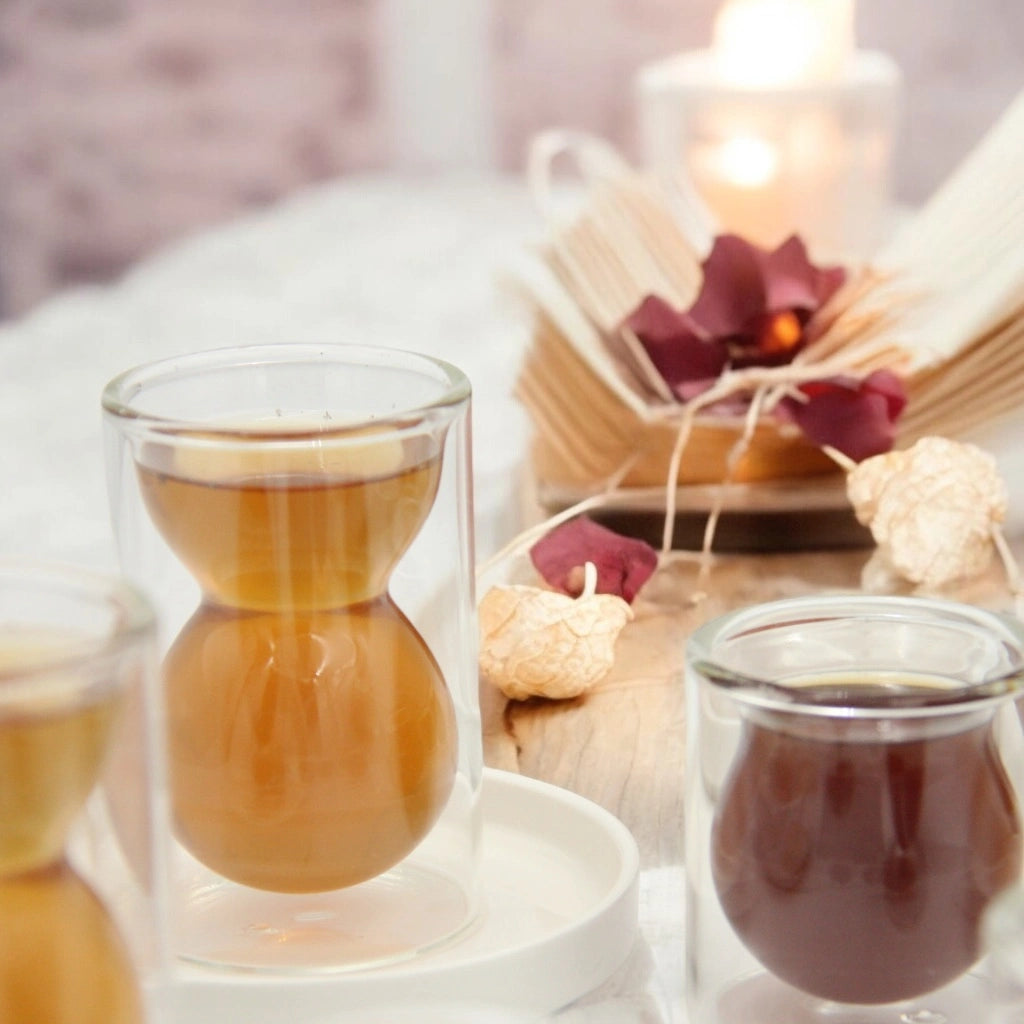 Golden Touch – 18 Pcs Heat-Resistant Double-Walled Borosilicate Glass Tea Set with Elegant Hourglass Shape | Plain - Damoo