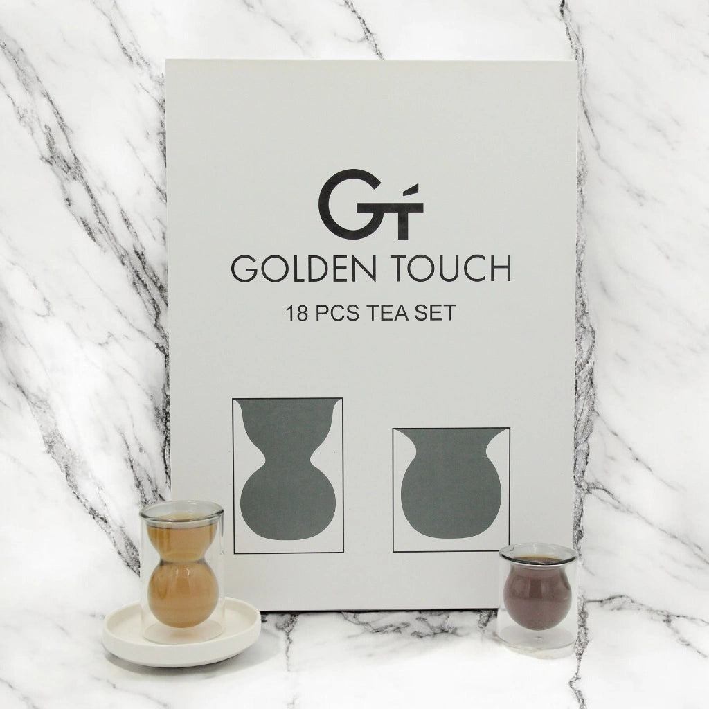 Golden Touch – 18 Pcs Heat-Resistant Double-Walled Borosilicate Glass Tea Set with Elegant Hourglass Shape | Plain - Damoo