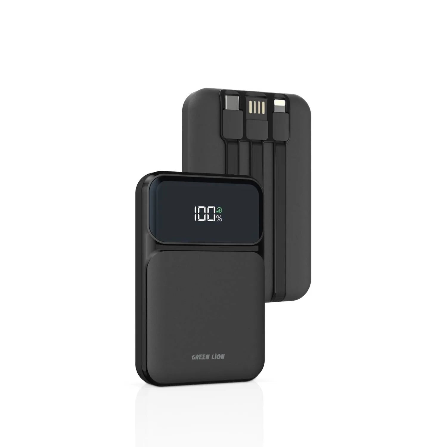 Green Lion 3-in-1 10000mAh Power Bank – Built-in Lightning, USB-C Cables, 20W PD Fast Charging, USB-A Output, Digital Display, Smart Charging Protection - Damoo