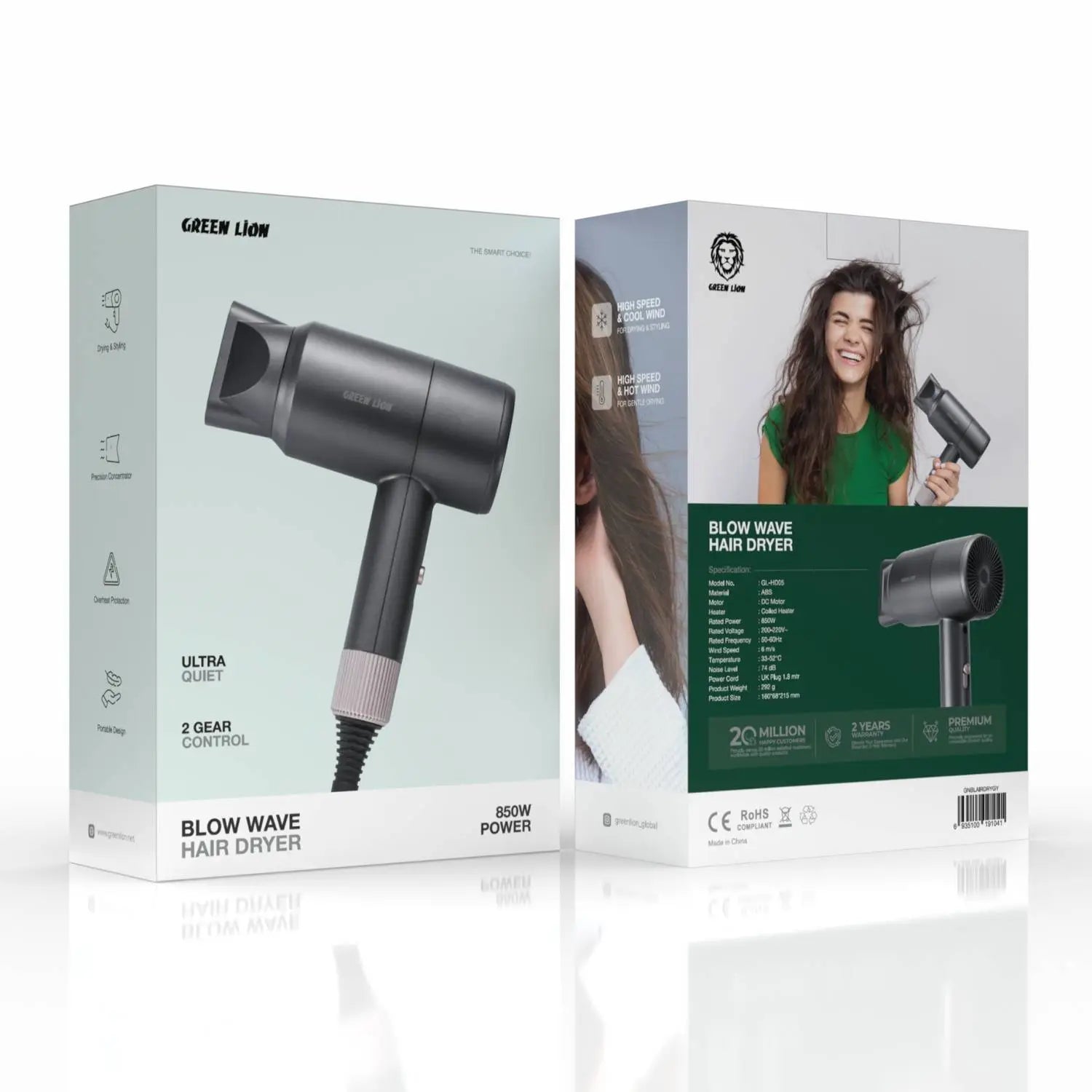 Green Lion Blow Wave Hair Dryer – 850W, Hot & Cool Wind, Precision Concentrator, Overheat Protection, Ultra Quiet, 2-Speed Gear, 33–52°C - Damoo