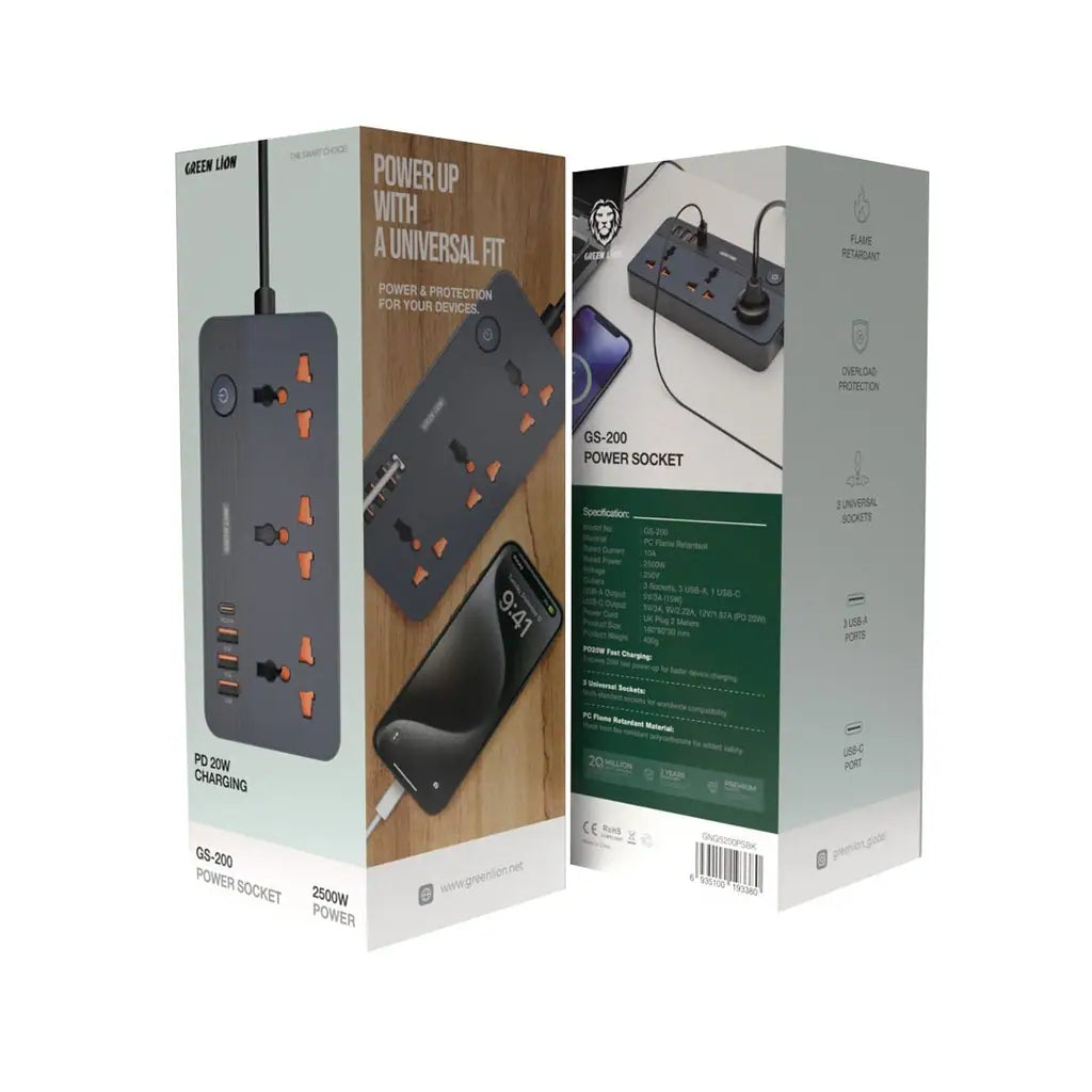Green Lion GS-200 Power Socket – 2500W, 3 AC Outlets, 4 USB Ports (3×USB-A + 1×USB-C PD 20W), UK Plug, 2M Power Cord, Overload & Flame Protection - Damoo