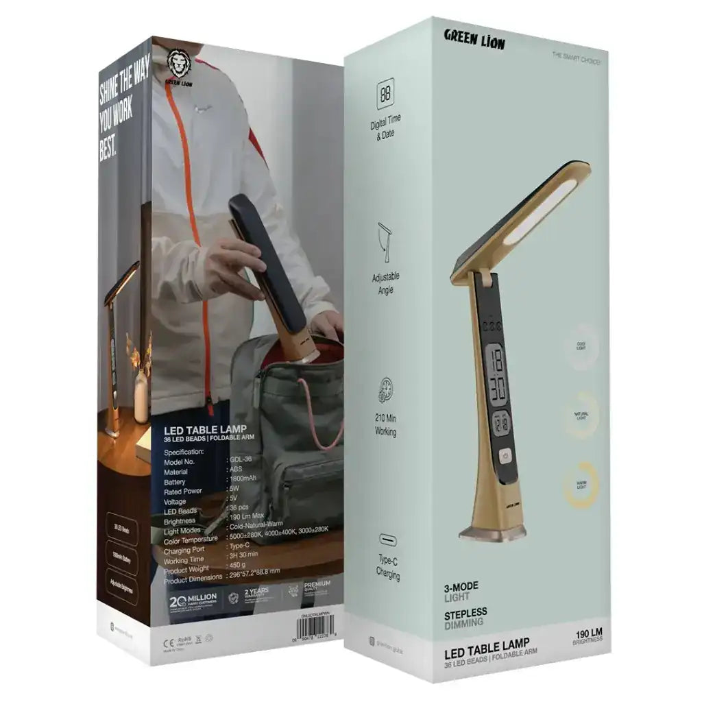 Green Lion LED Table Lamp | Adjustable Brightness, Cold-Natural-Warm Light Modes, 1800mAh Battery, Digital Time & Date Display - Damoo