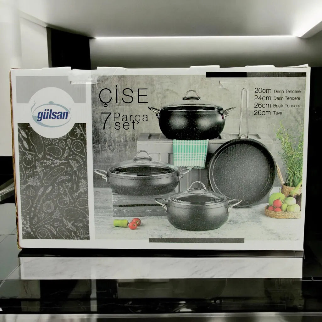 Gülsan 7-Piece Granite-Reinforced Granite Cookware Set – Non-Stick Aluminum Pots & Frying Pan with Scratch-Resistant Coating, Cold Handles & Durable Granite Finish – Made in Turkey - Damoo