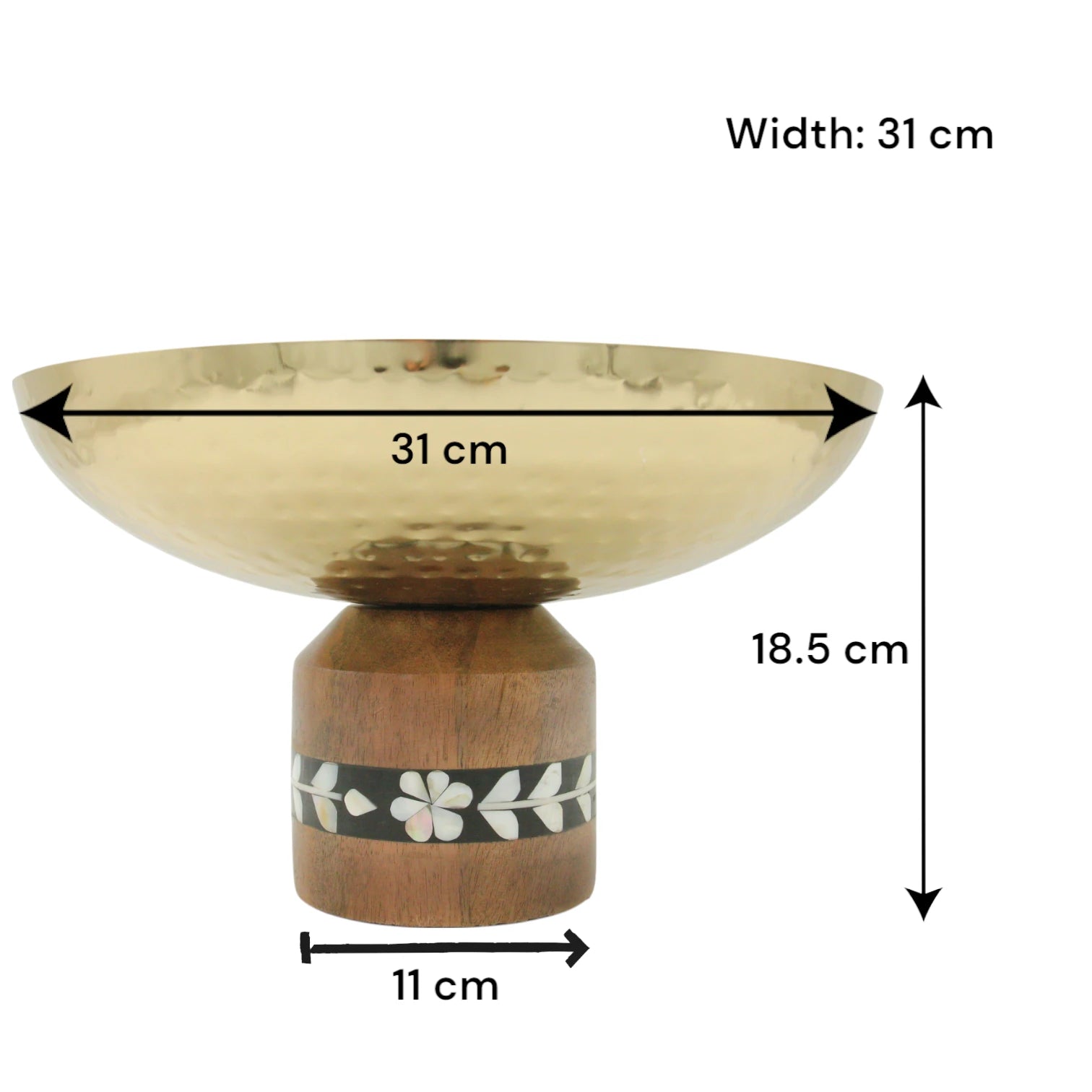 Hammered Stainless Steel Gold Decorative Serving Bowl with Floral Wood Base – Elegant Pedestal Bowl for Centerpieces, Fruits, or Table Decor - Damoo