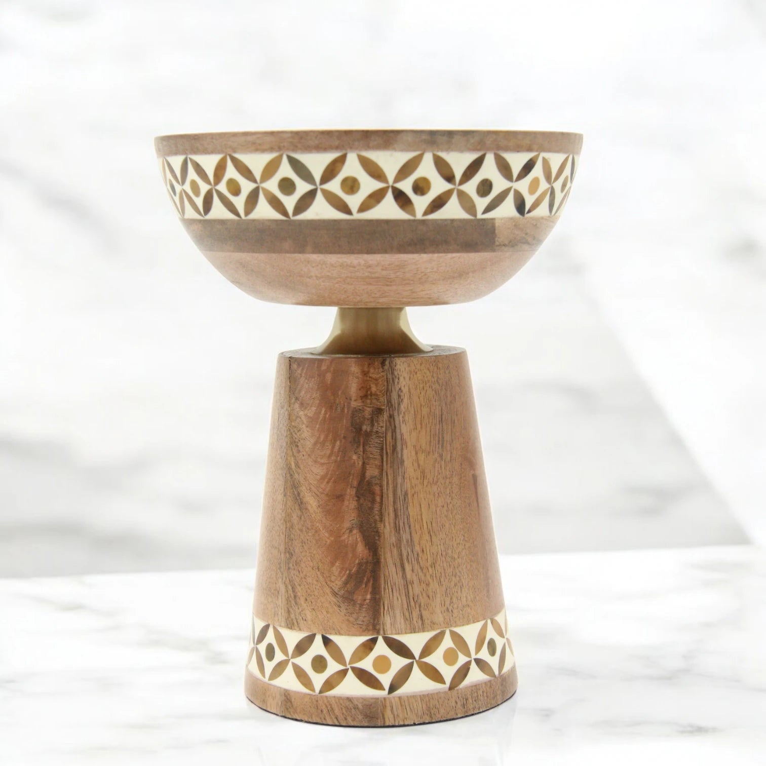 Handcrafted Wooden Pedestal Bowl with Inlaid Mosaic Detail – Decorative Natural Wood Display Bowl for Tabletop, Entryway, or Living Room Decor - Damoo