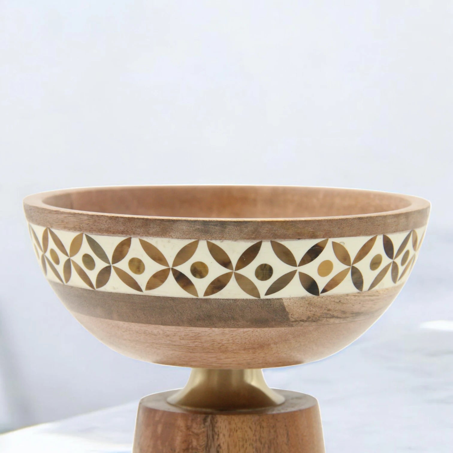 Handcrafted Wooden Pedestal Bowl with Inlaid Mosaic Detail – Decorative Natural Wood Display Bowl for Tabletop, Entryway, or Living Room Decor - Damoo