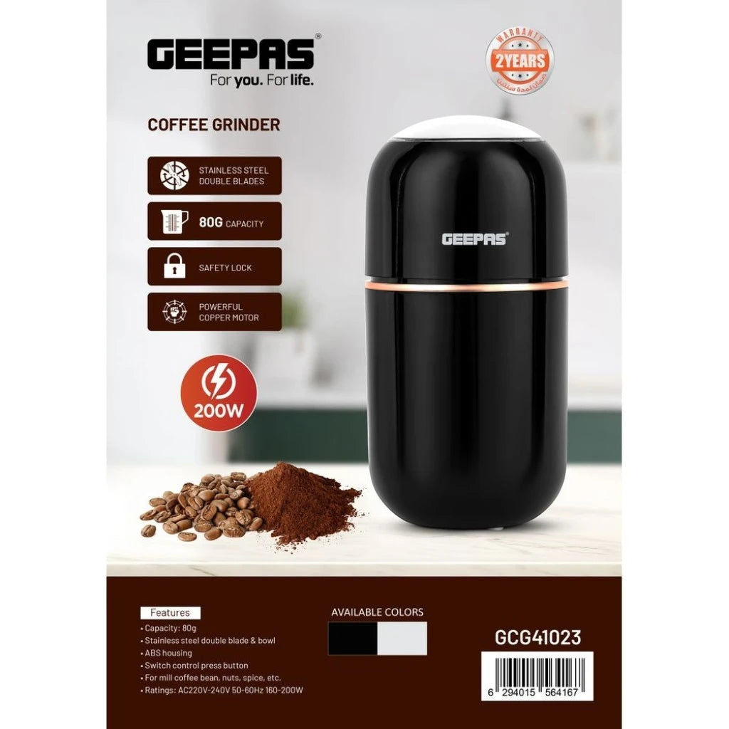 Geepas Electric Coffee Grinder – 200W Powerful Motor with 80g Capacity, Stainless Steel Blade & Jar, One-Touch Operation, Safety Lock | Grinder for Coffee Beans, Spices, Nuts & More – GCG41023 – Black - Damoo