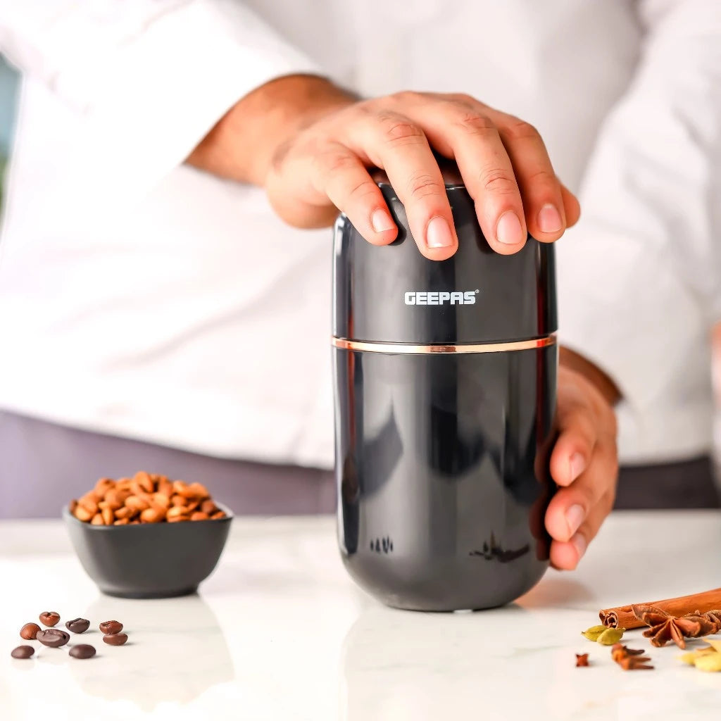 Geepas Electric Coffee Grinder – 200W Powerful Motor with 80g Capacity, Stainless Steel Blade & Jar, One-Touch Operation, Safety Lock | Grinder for Coffee Beans, Spices, Nuts & More – GCG41023 – Black - Damoo