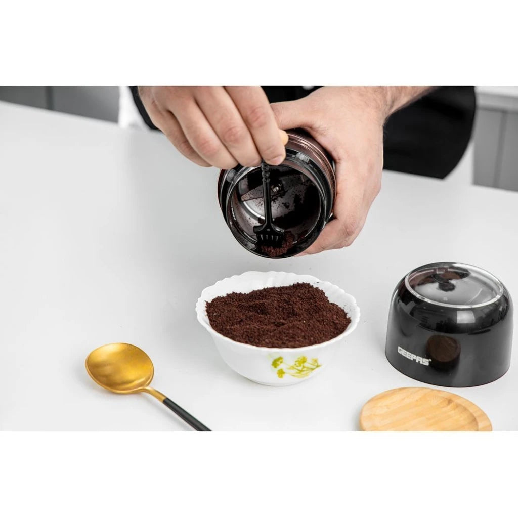 Geepas Electric Coffee Grinder – 200W Powerful Motor with 80g Capacity, Stainless Steel Blade & Jar, One-Touch Operation, Safety Lock | Grinder for Coffee Beans, Spices, Nuts & More – GCG41023 – Black - Damoo