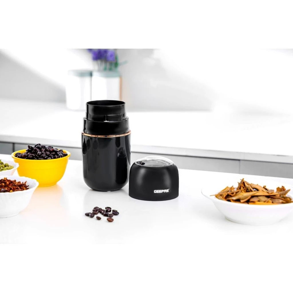 Geepas Electric Coffee Grinder – 200W Powerful Motor with 80g Capacity, Stainless Steel Blade & Jar, One-Touch Operation, Safety Lock | Grinder for Coffee Beans, Spices, Nuts & More – GCG41023 – Black - Damoo