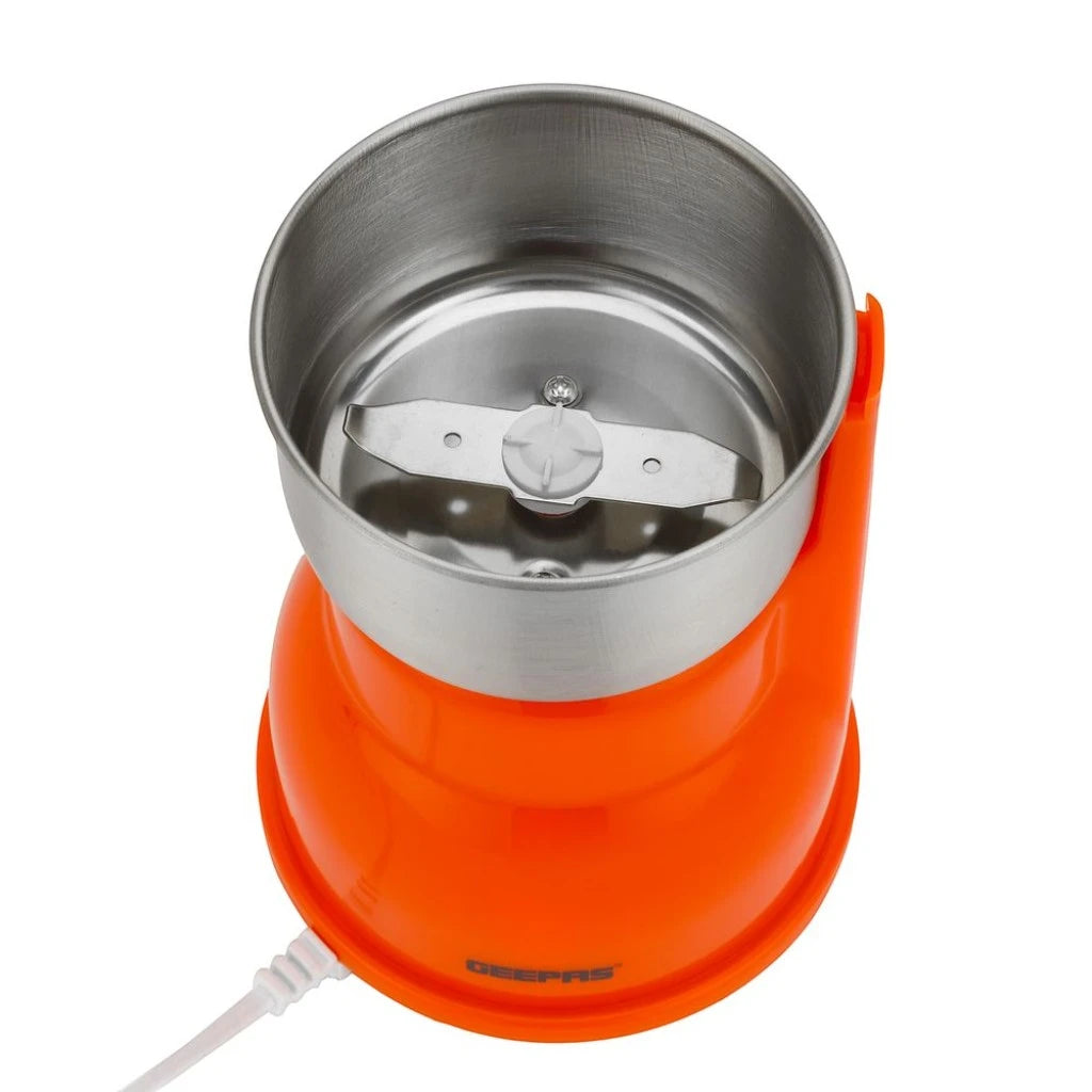 Geepas Electric Coffee Grinder – 300W Powerful Motor with Overheat Protection, Stainless Steel Blades & Bowl | Press-to-Grind Function, 150g Capacity for Coffee Beans, Spices, Nuts & More – GCG5440N – Orange - Damoo