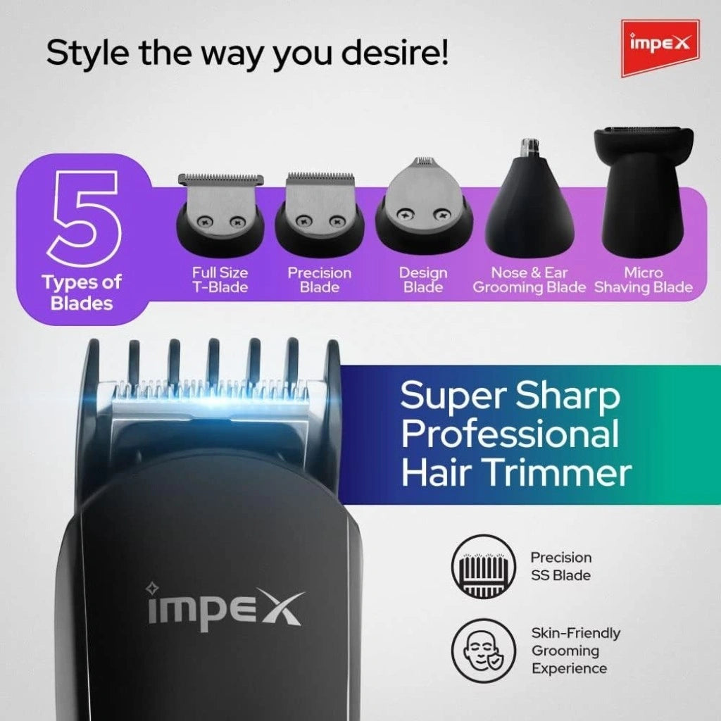 Impex 10-in-1 Multi Grooming Kit – Professional Cordless Trimmer for Men with Nose, Beard, Hair, Body & Precision Trimming – Fast Charging, Stainless Steel Blades, Black - GK 402 - Damoo