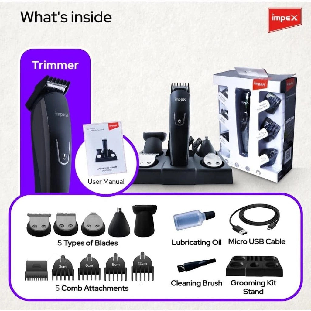 Impex 10-in-1 Multi Grooming Kit – Professional Cordless Trimmer for Men with Nose, Beard, Hair, Body & Precision Trimming – Fast Charging, Stainless Steel Blades, Black - GK 402 - Damoo