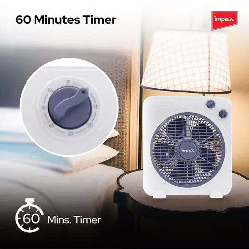 Impex 10-Inch Box Fan – 30W Copper Motor, 3 Speed Settings, 60-Min Timer, 1200 RPM, Child Safety Grill, Portable & Quiet Air Circulator , BF 7510 – White - Damoo