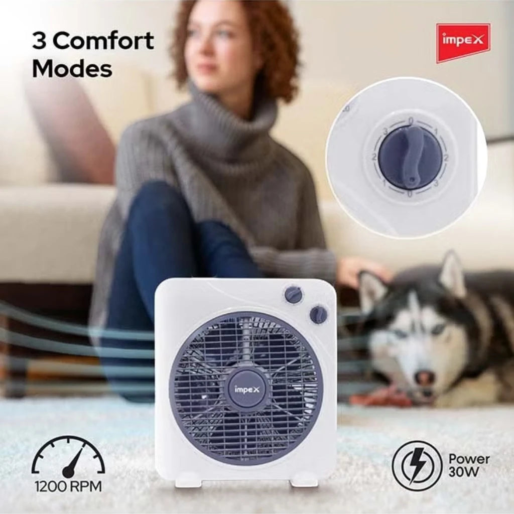 Impex 10-Inch Box Fan – 30W Copper Motor, 3 Speed Settings, 60-Min Timer, 1200 RPM, Child Safety Grill, Portable & Quiet Air Circulator , BF 7510 – White - Damoo