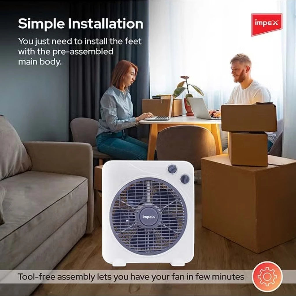 Impex 10-Inch Box Fan – 30W Copper Motor, 3 Speed Settings, 60-Min Timer, 1200 RPM, Child Safety Grill, Portable & Quiet Air Circulator , BF 7510 – White - Damoo
