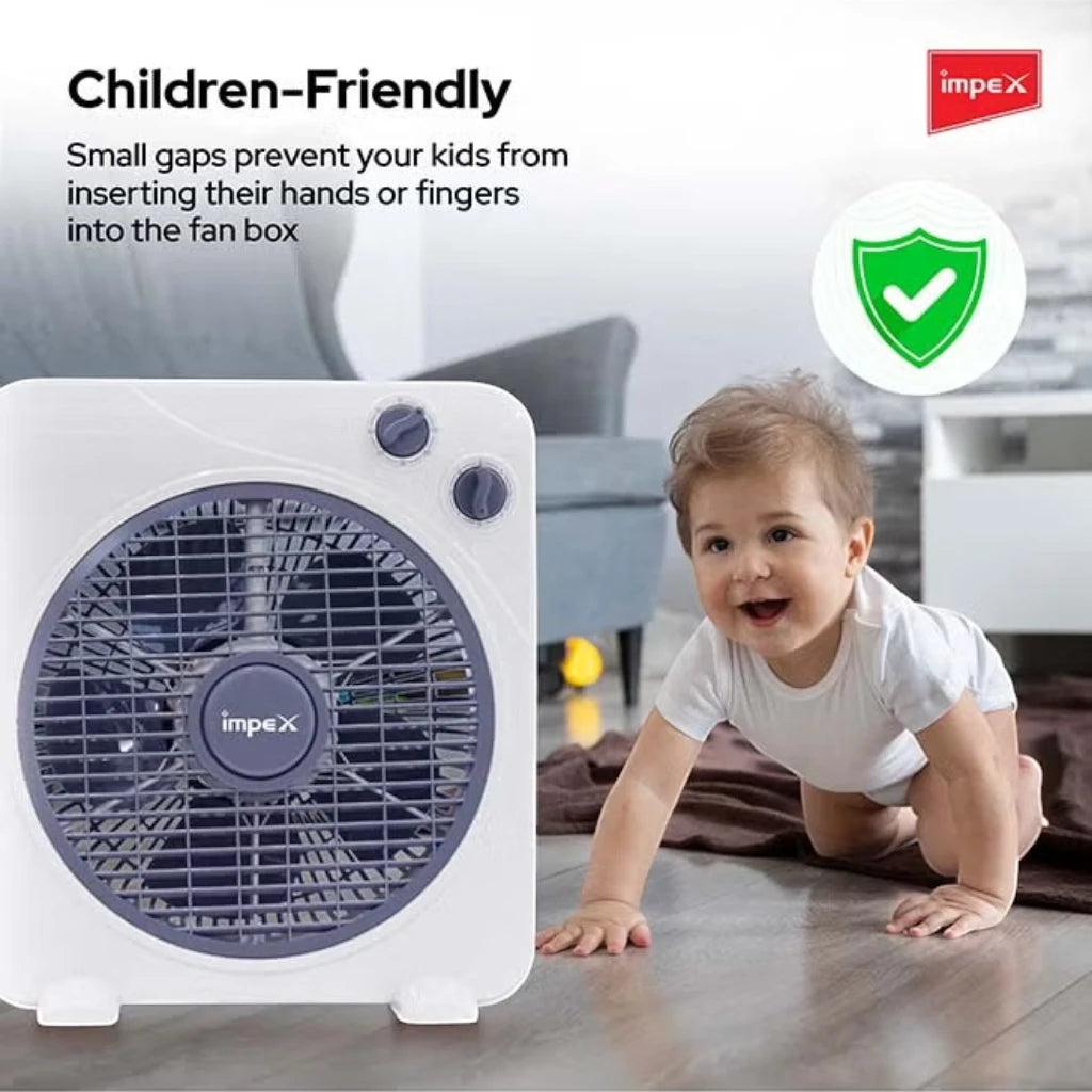 Impex 10-Inch Box Fan – 30W Copper Motor, 3 Speed Settings, 60-Min Timer, 1200 RPM, Child Safety Grill, Portable & Quiet Air Circulator , BF 7510 – White - Damoo