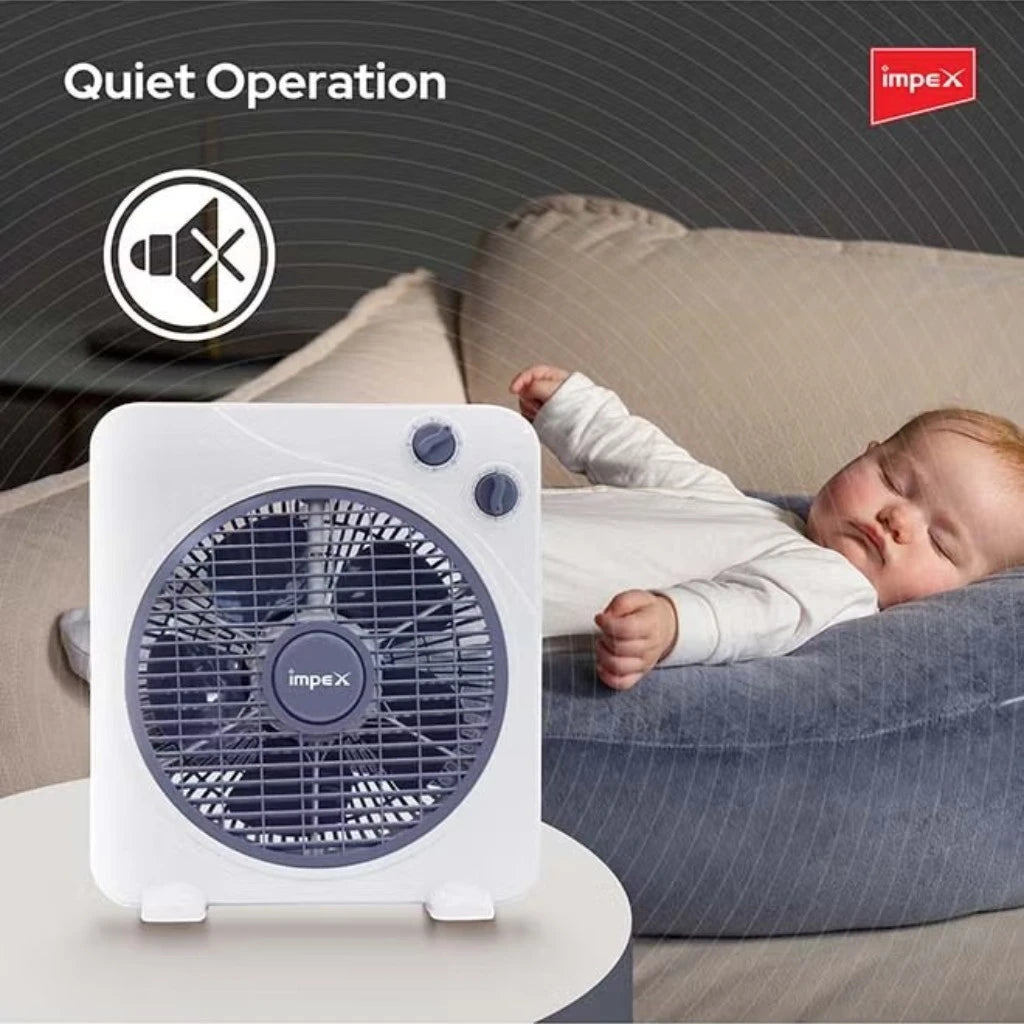 Impex 10-Inch Box Fan – 30W Copper Motor, 3 Speed Settings, 60-Min Timer, 1200 RPM, Child Safety Grill, Portable & Quiet Air Circulator , BF 7510 – White - Damoo