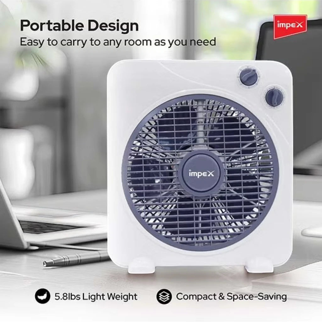 Impex 10-Inch Box Fan – 30W Copper Motor, 3 Speed Settings, 60-Min Timer, 1200 RPM, Child Safety Grill, Portable & Quiet Air Circulator , BF 7510 – White - Damoo
