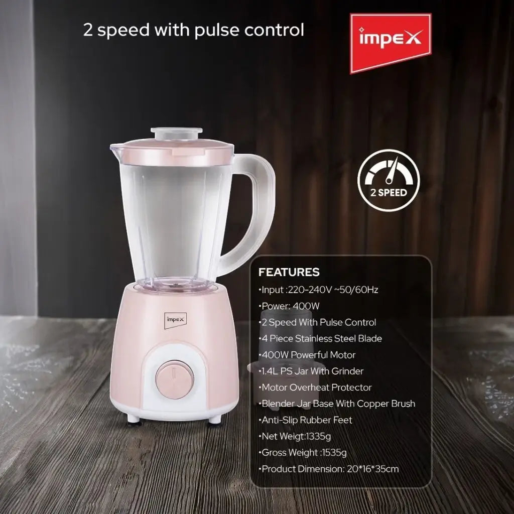 Impex 2-in-1 Blender Mixer Grinder – 400W Copper Motor, 1.4L Jar with Grinder Attachment, 2-Speed + Pulse Control, 4 Stainless Steel Blades, Overheat Protection – Pink - BL 3501 - Damoo