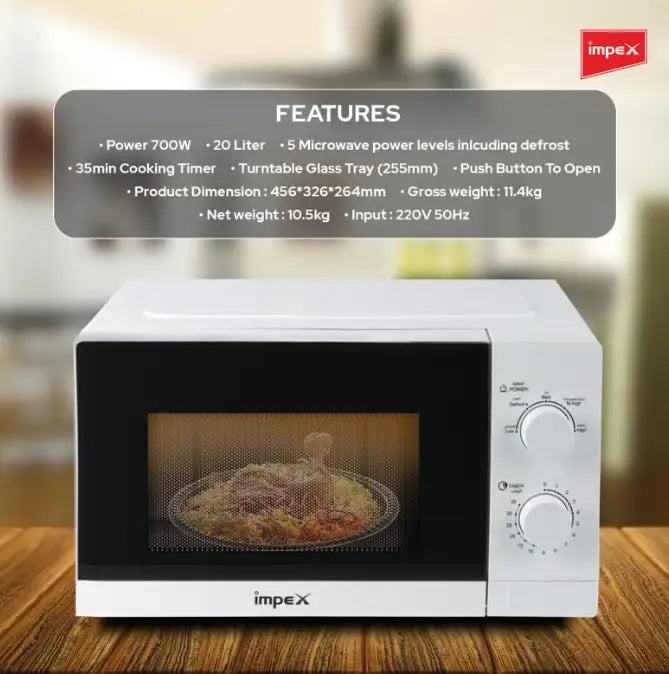 Impex 20L Microwave Oven – 700W Power, 5 Power Levels, Energy Efficient, Timer Function, Durable Build - MO 8101A - Damoo