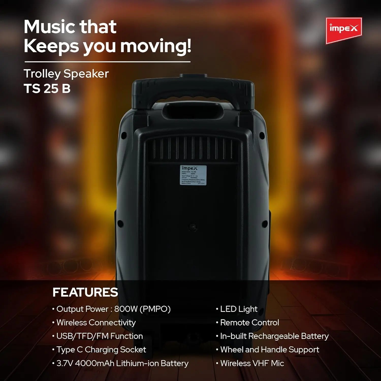 Impex 25 W RMS Portable Trolley Bluetooth Speaker with Wireless Mic, USB/SD/AUX/FM, LED Lights & Remote – Rechargeable – TS-25B - Damoo