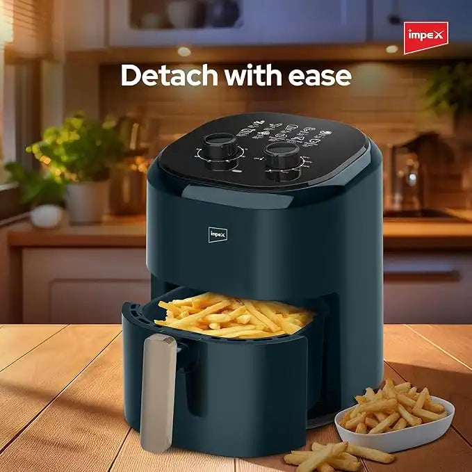 Impex 4.5L Mechanical Air Fryer AF 4305A – 1200W Oil-Free Hot Air Fryer with Non-Stick Basket, Adjustable Temperature & 60-Min Timer, Overheat Protection, Cool-Touch Handle – Dark Green - Damoo