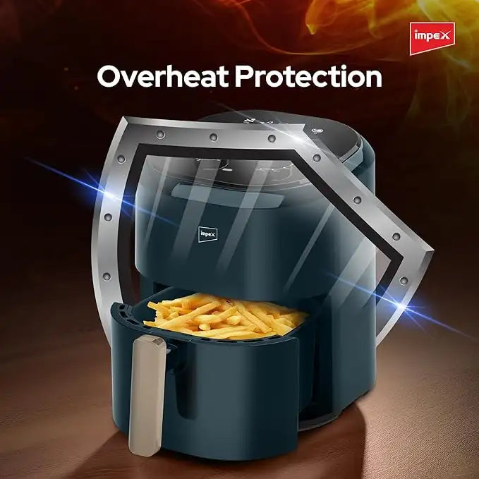 Impex 4.5L Mechanical Air Fryer AF 4305A – 1200W Oil-Free Hot Air Fryer with Non-Stick Basket, Adjustable Temperature & 60-Min Timer, Overheat Protection, Cool-Touch Handle – Dark Green - Damoo