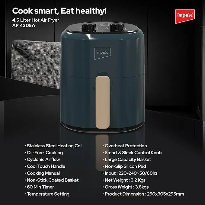 Impex 4.5L Mechanical Air Fryer AF 4305A – 1200W Oil-Free Hot Air Fryer with Non-Stick Basket, Adjustable Temperature & 60-Min Timer, Overheat Protection, Cool-Touch Handle – Dark Green - Damoo