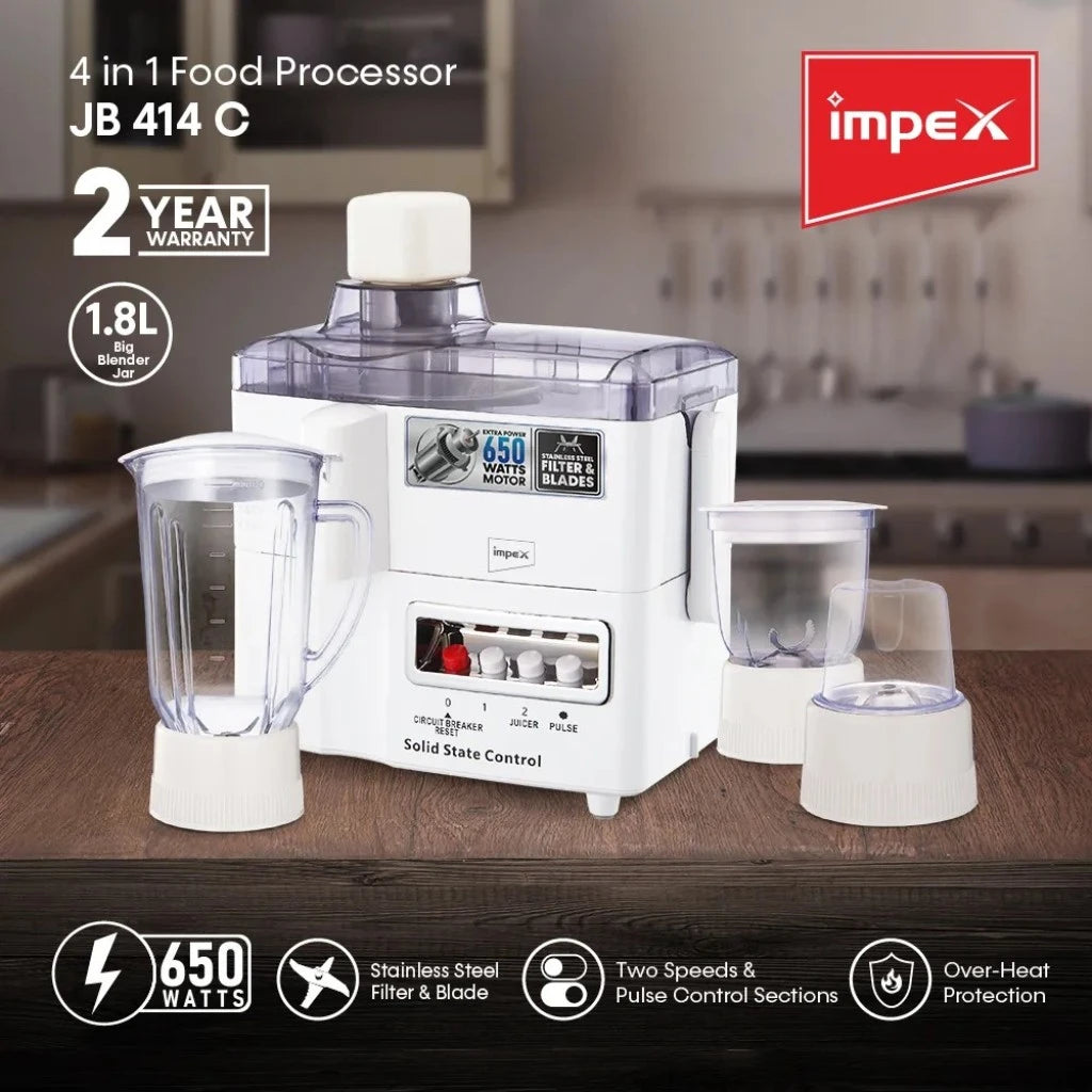 Impex 4-in-1 Food Processor – 650W Powerful Motor, 1.5L Blender Jar, Mixer Jars, Stainless Steel Blades, Overheat Protection – White - JB 414C - Damoo