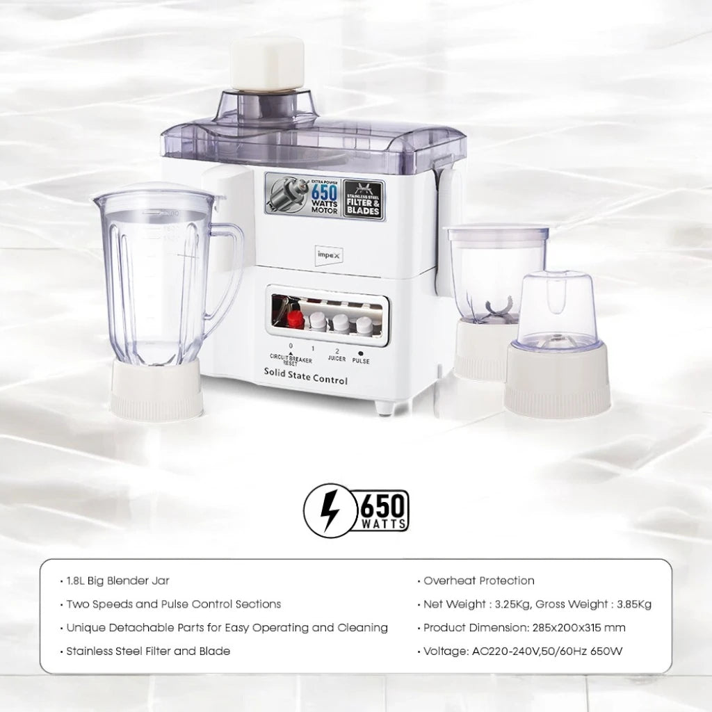 Impex 4-in-1 Food Processor – 650W Powerful Motor, 1.5L Blender Jar, Mixer Jars, Stainless Steel Blades, Overheat Protection – White - JB 414C - Damoo