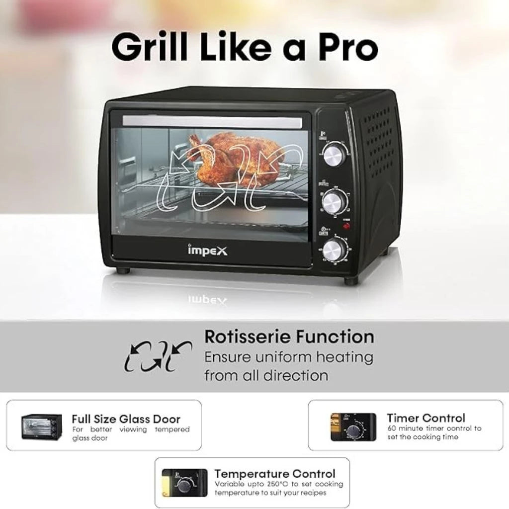 Impex 45L Electric Oven Toaster Griller with Convection, Rotisserie, 6 Heating Modes, 1800W Power, Adjustable Temperature & Timer – OV 2902 – Black - Damoo
