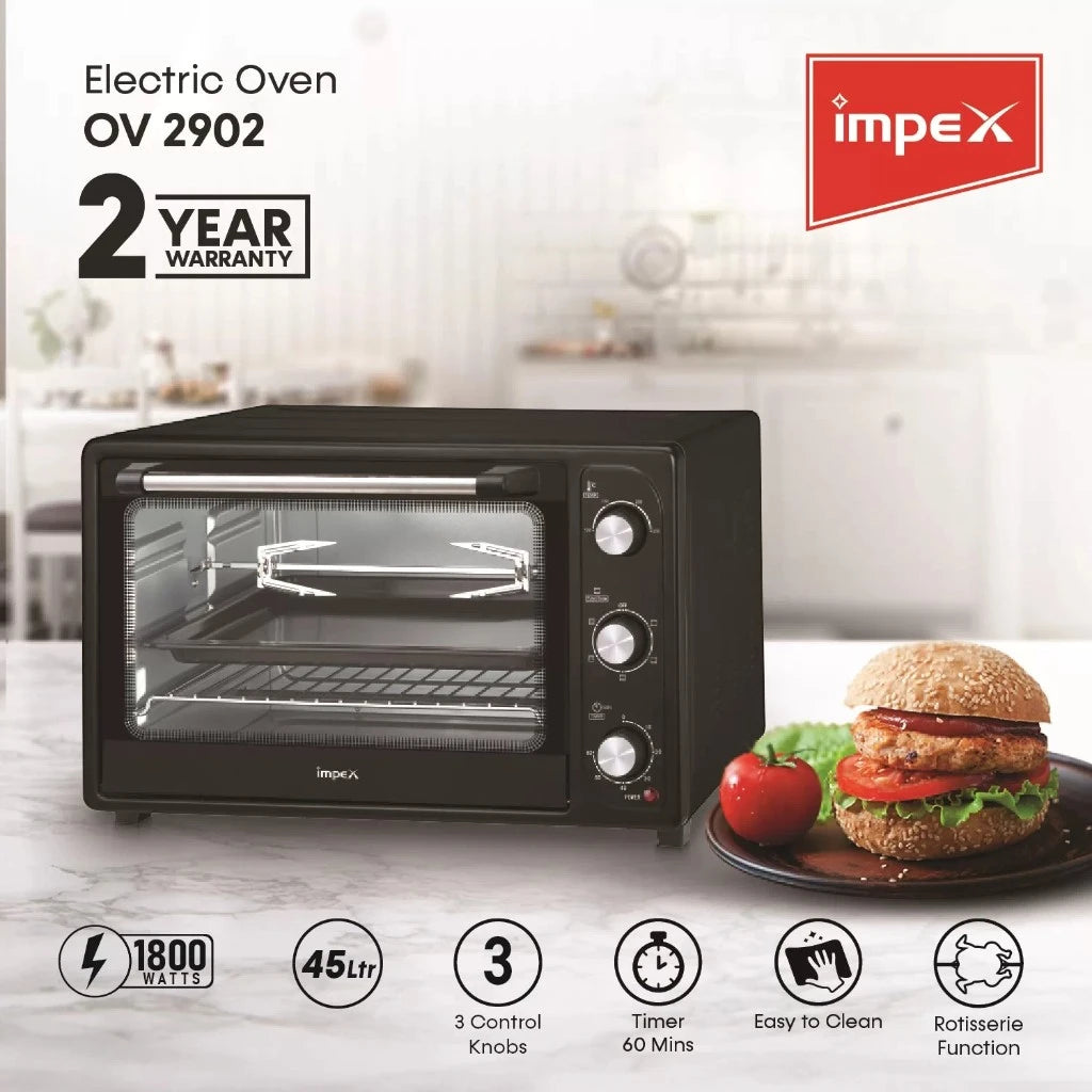 Impex 45L Electric Oven Toaster Griller with Convection, Rotisserie, 6 Heating Modes, 1800W Power, Adjustable Temperature & Timer – OV 2902 – Black - Damoo