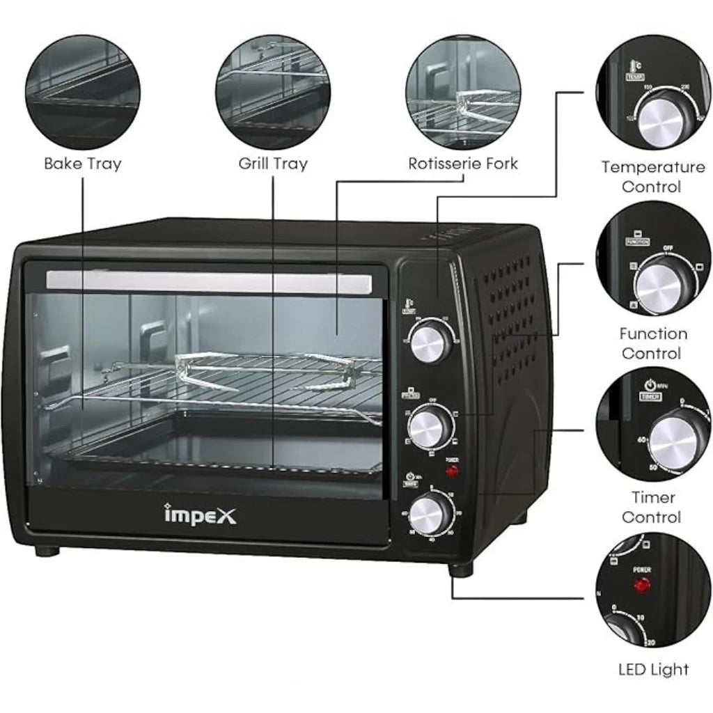 Impex 45L Electric Oven Toaster Griller with Convection, Rotisserie, 6 Heating Modes, 1800W Power, Adjustable Temperature & Timer – OV 2902 – Black - Damoo