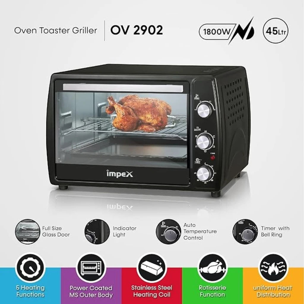 Impex 45L Electric Oven Toaster Griller with Convection, Rotisserie, 6 Heating Modes, 1800W Power, Adjustable Temperature & Timer – OV 2902 – Black - Damoo