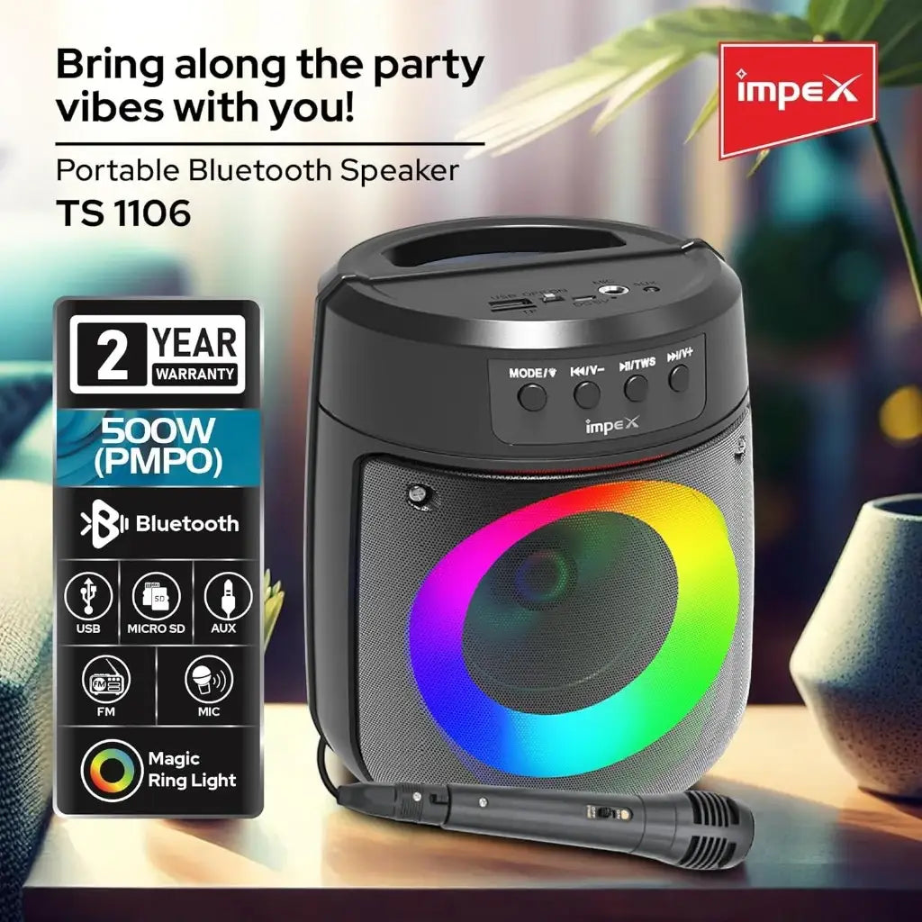 Impex 500W Bluetooth Speaker with Mic & RGB Light – 4" Wireless Portable Speaker | 1200mAh Battery, USB/SD/AUX/FM/TWS | Type-C Charging – TS 1106 Black - Damoo