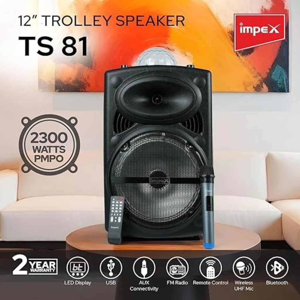 Impex 50W RMS Trolley Bluetooth Speaker with 12” Woofer, Wireless Mic, LED Lights, USB/TF/FM/AUX, Remote Control – 2300W PMPO Portable Party Speaker - TS 81 - Damoo