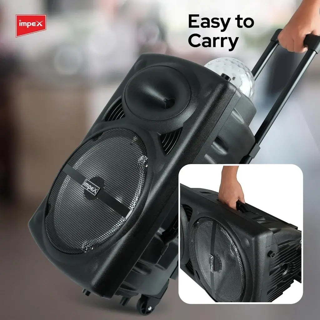 Impex 50W RMS Trolley Bluetooth Speaker with 12” Woofer, Wireless Mic, LED Lights, USB/TF/FM/AUX, Remote Control – 2300W PMPO Portable Party Speaker - TS 81 - Damoo
