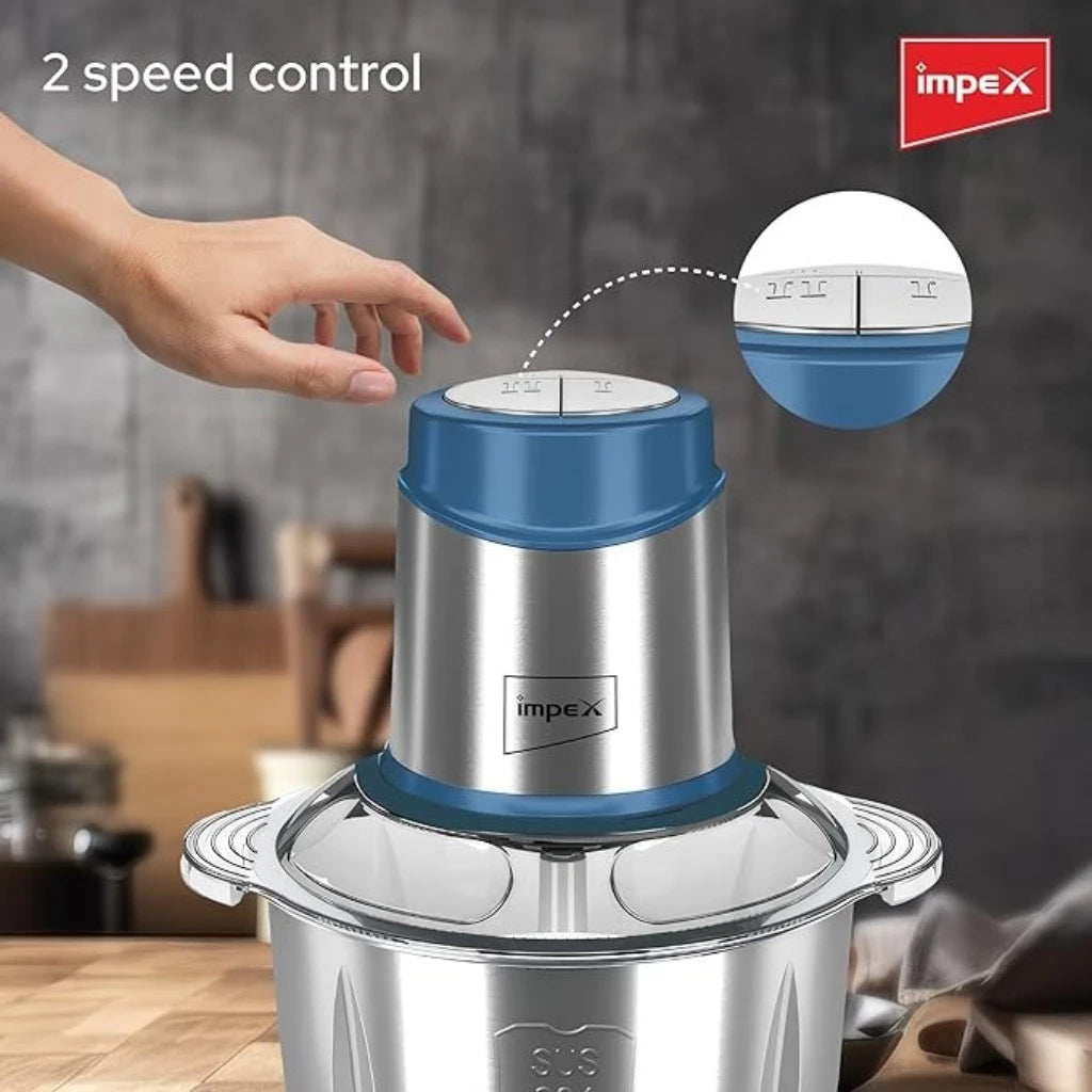 Impex 5L Electric Food Chopper – 600W Meat Grinder with 6 Stainless Steel Blades, 2 Speed Settings & Stainless Steel Body – Multi Food Processor for Meat, Vegetables, Fruits & Nuts - FC 3202 - Damoo